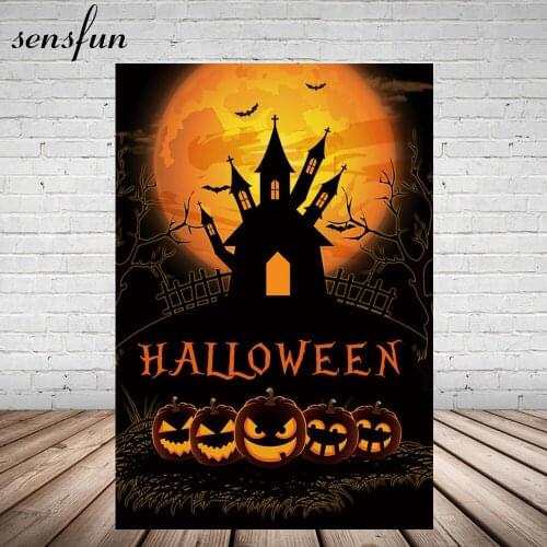 Sensfun Photography Backgrounds Pumpkin Dead Tree Bat Moon Castle Happy Halloween Photo Backdrop For Photo Studio 5x7ft Vinyl