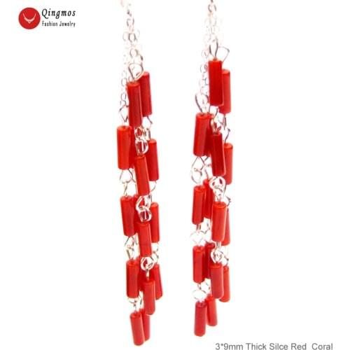 Qingmos Trendy Red Coral Earring for Women with 3*9mm Thick Slice Natural Coral 4 Strands Dangle Earring 3'' Hoop Jewelry ear748