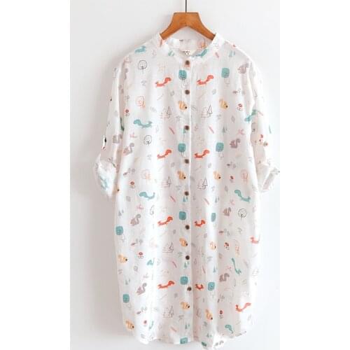 Spring Summer New 7 Minutes Of Sleeve Shirt Skirt Loose Long Cartoon Printed Shirt Collar Female Temperament Cotton Linen Blouse