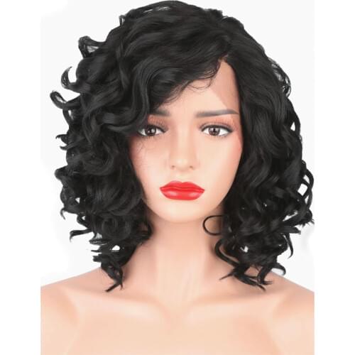 StrongBeauty Womens Synthetic Lace Front Wigs Black Curly Hair Medium Lace Wig Natural