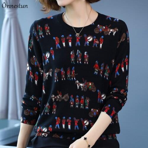 Print Sweater Women Autumn Spring Pullovers Knitted Sweater Korean Style Long Sleeve Top Pull Femme Plus Size Sweaters