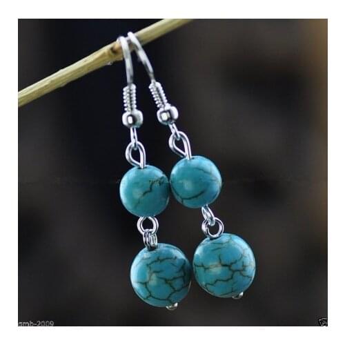 Vintage Blue Turkey Turquoise Round Beads 925 Sterling Dangle Earrings