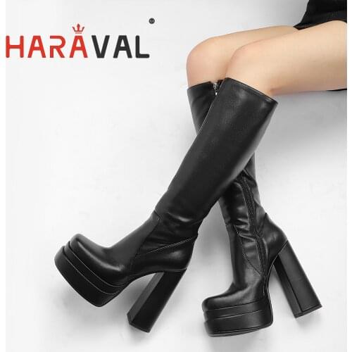 HARAVAL Women Boots Shoes Motorcycle Boots Genuine Leather Black White High Heels Waterproof Platform Autumn Winter Boots E426L