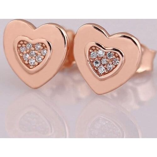 Original Rose Signature Heart Earring With Crystal Stud Earring For Women 925 Sterling Silver Earring Gift Fine Europe Jewelry