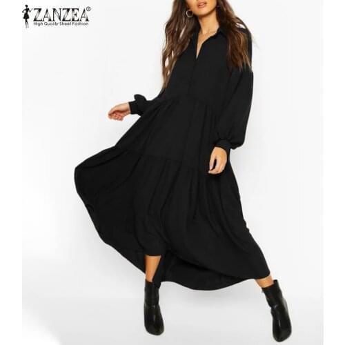 S-5XL ZANZEA Women Elegant V Neck Long Puff Sleeve Ruffles Sundress Autumn Casual Solid Dress Long Vestidos Robe Plus Size 7