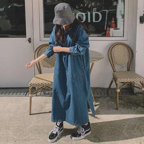 Johnature 2021 Korean Denim Women Clothes Dresses Winter New Loose Turn-down Collar Button Jeans Female Dress