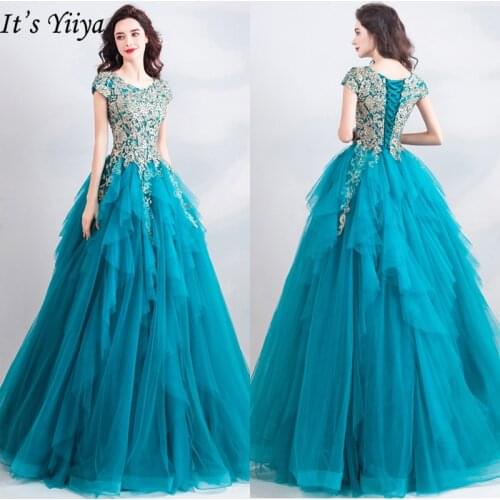 Its YiiYa Prom Gowns 2019 Blue Embroidery Fashion O-neck Short Sleeve Floor Length Dress Custom Plus Size Long Party Dress E272