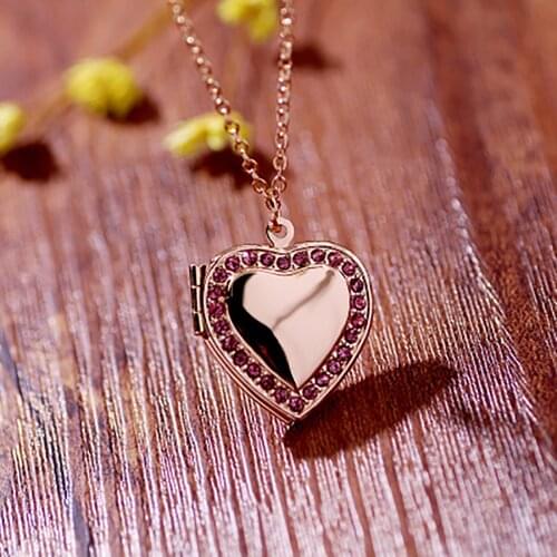 1 PC Picture Photo Frame Locket Heart Pendant Necklace Silver Color Heart Charms Blue Rhinestone Can Open 40cm long