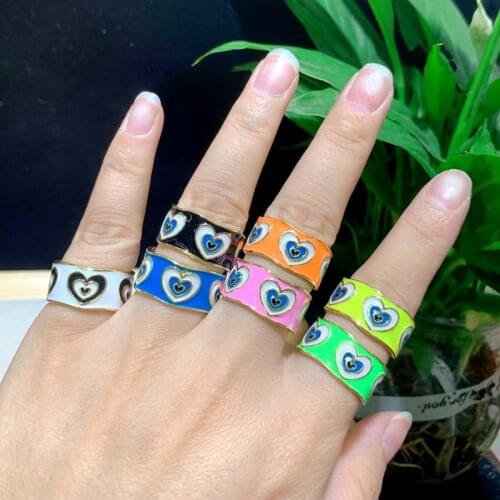 10Pcs High Quality New Gold Plated Chunky Colorful Enamel Rainbow Heart Eye Fashion Thick Band Open Rings