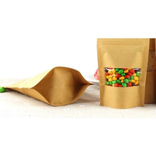 16*22+4cm 300pcs Stand Up Clear Window Brown kraft paper bags with Zipper lock for Food/Tea/Nut/Coffee Resealable Packaging Bag