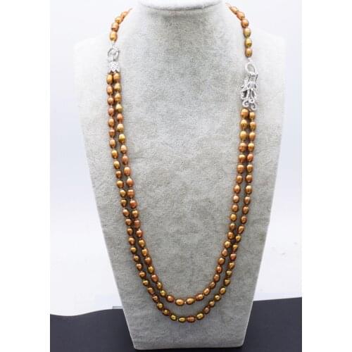 2rows freshwater pearl brown rice 6-8mm necklace 34-36" nature wholesale FPPJ