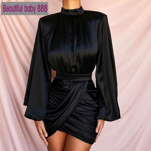 2020 New Mini Pleated Party Dress Women Satin O-neck Bandage Sexy Dress Zipper Autumn long Sleeve Bodycon Club Dress Robe Femme
