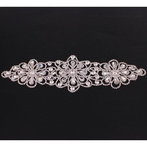 24x7cm Silver sew on Wedding dress sleeves accessories Crystal rhinestone applique Welding flower patch