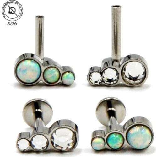 BOG-10PCS Internally Threaded Three Trio Fire Snow Opal&CZ Gem Labret Ear Cartilage Tragus Earring Labret Lip Ring piercing