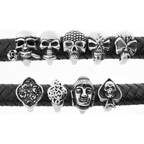 12*6mm Big Hole 316L Stainless steel Space Beads Skull Symbol Pattern Charm Beads For Leather Bracelet Jewelry Making