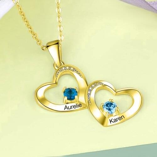 New Personalized Rose Gold Silver Color Clavicle Chain Classic Custom Name Birthstone Necklace Double Heart Shaped Pendant Gifts