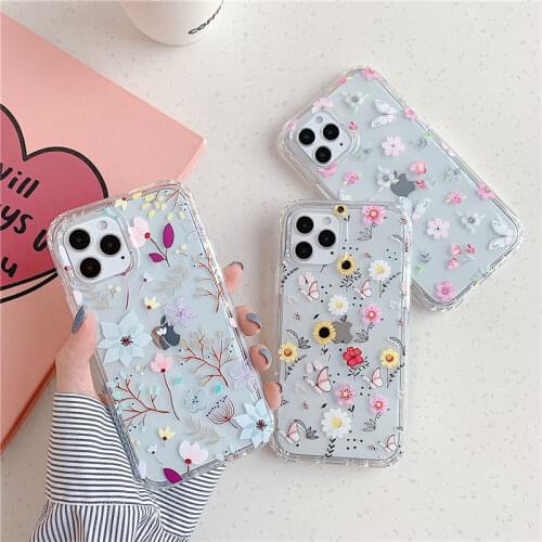 Lovely Flower Leaf Butterfly Phone Case For iPhone 12 11 Pro Max XR XS Max X 7 8 Plus SE 2 12 Pro Clear Shockproof Bumper Cover