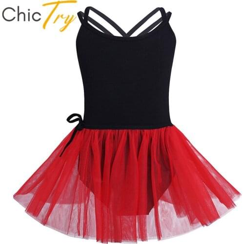 ChicTry Kids Teens Cotton Spaghetti Straps Ballet Gymnastics Leotard with Mesh Ballet Tutu Skirt Set Girls Stage Dance Costume