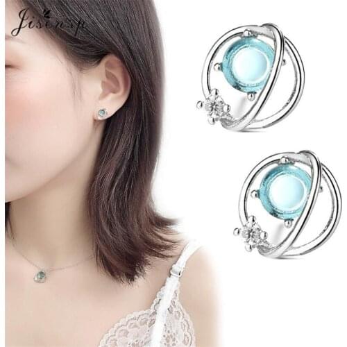 Jisensp K-pop Jewelry Romantic Planet Silver Plated Earrings Blue Rhinestone Stud Earrings for Women Girls Christmas Gift