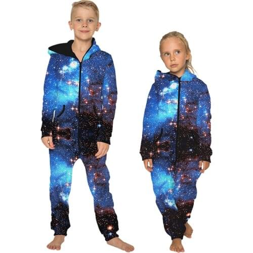 Sky Star Digital Jumpsuits Rompers Hooded With Pocket Playsuit Zipper Casual Streetwear Pullover Kid Rompers