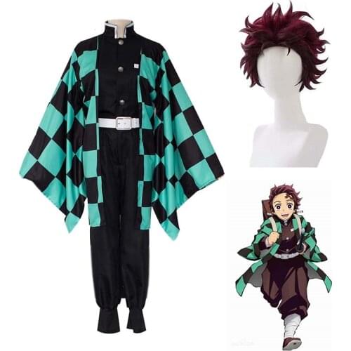 Demon Slayer Kimetsu No Yaiba Cosplay Costumes Kimono Kamado Tanjirou Adult Child Wig Suit Halloween Anime Costume