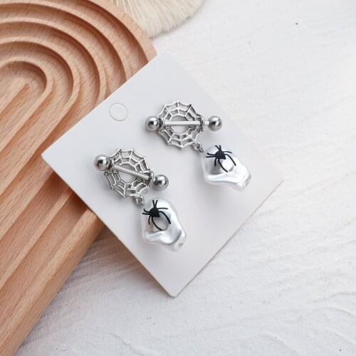 Lifefontier Cute Spider Print Pearl Drop Earrings For Women Unusual Large Metal Spider Web Dangle Earrings korean Jewelry 2021
