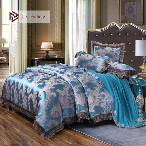 Liv-Esthete Luxury Blue Satin Jacquard European Bedding Set Lace Side Duvet Cover Flat Sheet Queen King Bed Linen For Adult