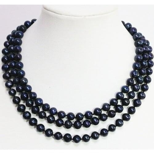 Natural black Pearl cultured freshwater pearl 8-9mm near round beads classic romantic trendy long chain necklace jewelry