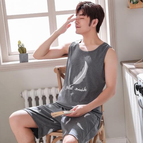 Mens Sets Summer Sleeveless Pajamas Mens Cotton 4XL 5XL Casual Simple Man Home Costumes Sleep Shorts PJs Sleepwear Short Pyjama