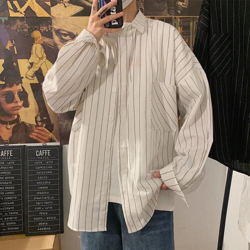 Mens Shirts 2021 Harajuku Black White Striped Men Casual Long Sleeve Shirt Tops Streetwear Man Oversized Blouse