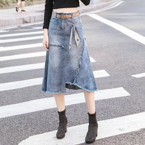 S-5XL Women Denim Skirt Spring Summer 2021 New Fashion Casual Medium-long Package hip Empire Waist A-Line Skirt Female