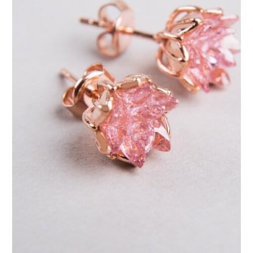 Womens Rose Pink Zircon Stone Lotus flower Earrings