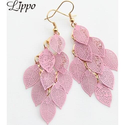 Copper Filigree Leaves Earring Pink White Leaf Tassel Dorp Earrings long Dangle Earring for girl and women