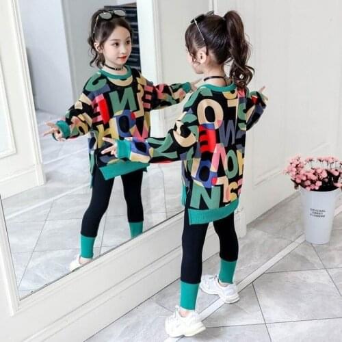 Spring And Autumn Girls' Suits 2021 New Big Boys Girls Western Fashion Casual Long Sleeve Sweater Leggings Two-Piece Trend