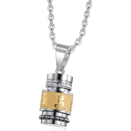 Stainless Steel Buddhism Six Words Rotatable Necklace Women Men OM Mantra Prayer Wheel Mantra Bottle Charm Pendant Necklace Gift