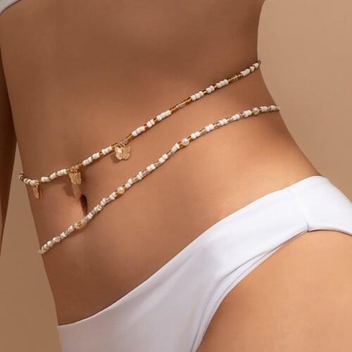 Fashion Beach Colored Rice Bead Butterfly Belly Waist Chain For Women Bead String Elastic Body Chain leisure Jewelry Accessories