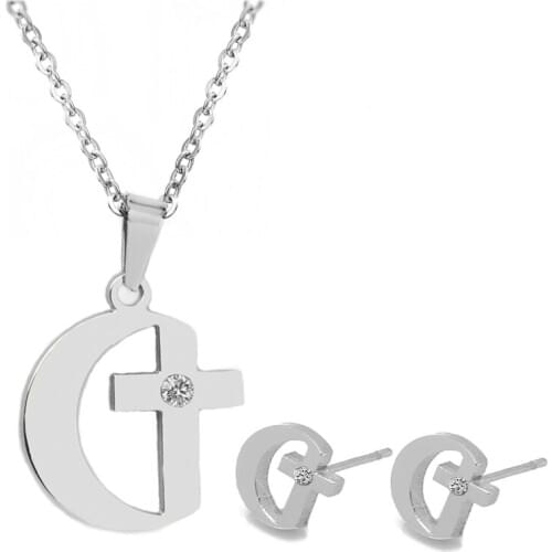 Cardy Koala Silver Color Necklace And Earrings Set Crystal For Stainless Steel Moon And Cross Women Jewelry Sets Free Chain