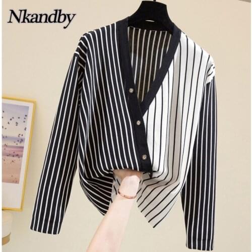 Nkandby Plus Size Knitted Sweaters Women 2020 Autumn Winter Novelty V-neck Striped Button Korean Large Cardigan Loose Knitwear
