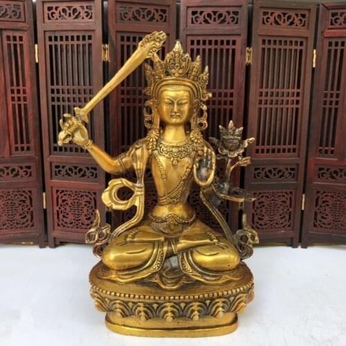 30cm Buddhism Handpainted Bronze Statue Gilt Buddha Bodhisattva Manjushri Tara