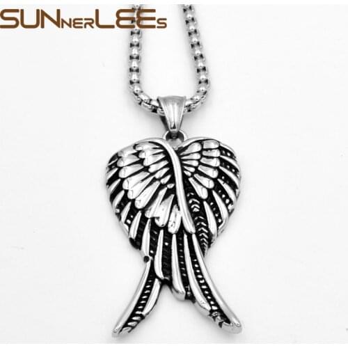 SUNNERLEES 316L Stainless Steel Pendant Necklace Hiphop Rock Punk Angel Wings Beads Style Link Chain Men Women Jewelry SP28