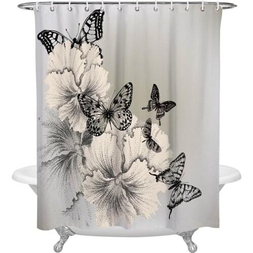 Black And White Butterfly Flower Art Shower Curtains Bathroom Curtain Waterproof Polyester Frabic Bathroom Curtain with Hooks