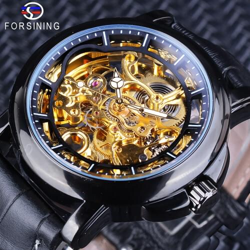 Forsining 2018 Royal Flower Carving Gear Golden Openwork Black Genuine Leather Mens Mechanical Watch Top Brand Luxury Male Clock