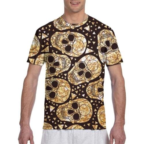 Modern Gold Foil Ethnic Zentangle Skulls With Glitter Triangles Dia De Los Muertas CasualTee Tops Summer Men Short Sleeve shirt