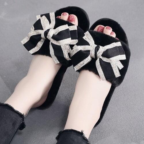 Bowknot decorated cotton slippers ladies home thick-soled cute 2020 new warm fur slippers autumn and winter home wear flop flops