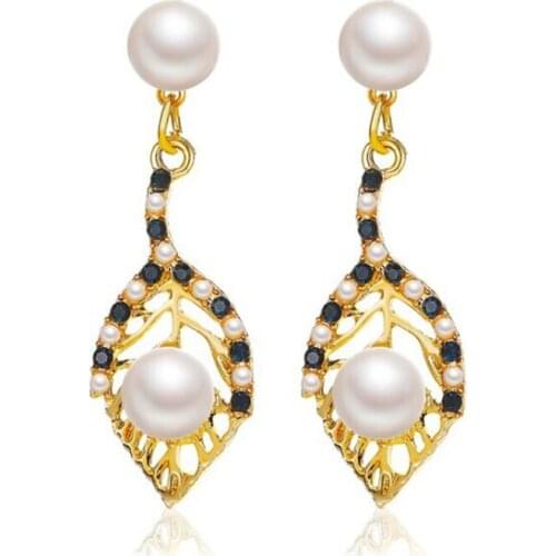 Imitation Pearls Hollow Leaf Dangle Earrings For Women Crystal Tassel Drop Earrings For Women Eardrop Statement Ear Jewelry