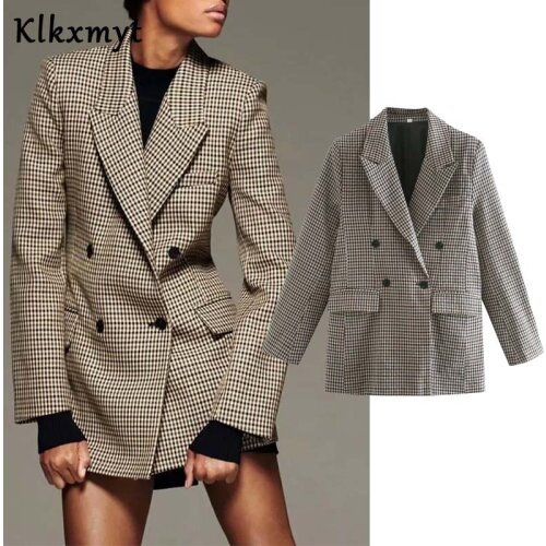 Klkxmyt Za Women 2021 Fashion Office Wear Double Breasted Blazers Coat Vintage Long Sleeve Pockets Female Outerwear Chic Tops