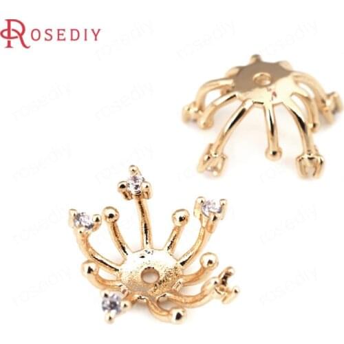 4PCS 14x8MM 24K Gold Color Plated Brass with Zircon Beads Caps High Quality Diy Jewelry Findings Accessories Wholesale