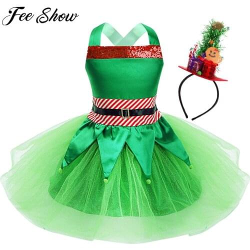 2020 New Kids Girls Dress Christmas Costume Outfits Sleeveless Sequins Striped Tops Mesh Tutu Skirt with Headband Hair Hoop