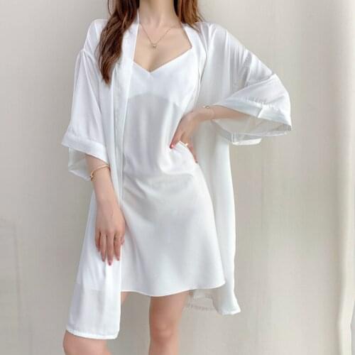 Solid White Wedding Robe Nightgown Set Sexy Women Sleepwear Nighty&Robe Set Bride Bridesmaid Morning Gown Loose Kimono Bath Gown