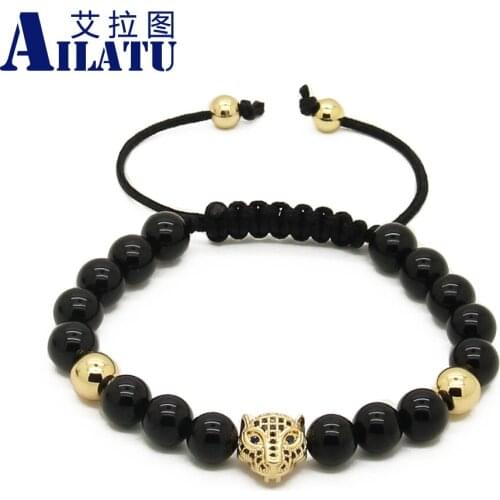 Ailatu 8mm Black Onyx Stone Beads with Blue Zircons Leopard Head Macrame European American Style Weaving Bracelets Animal Shape